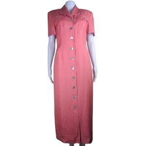 Cynthia Howie Medium Size 8 Vintage Coral Pink 100% Silk Maxi Button Up Dress